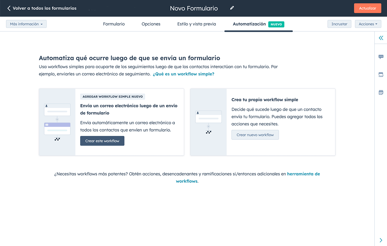 Herramienta de formularios de HubSpot con configuración de correos de seguimiento de formularios